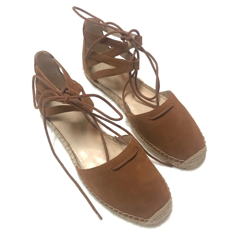 Marc Fisher Suede Lace Up Espadrille Sandals Camel Brown Ankle Tie Size 8.5